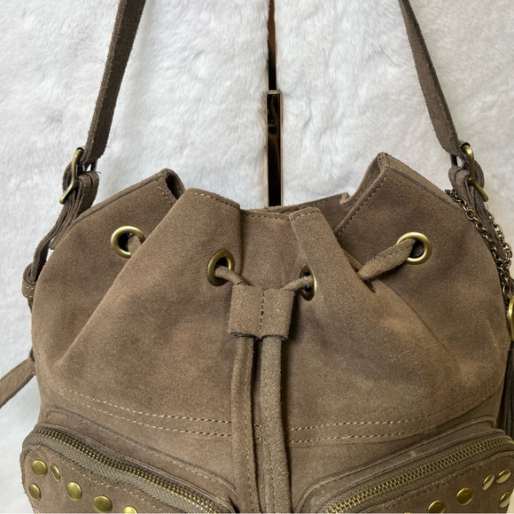 Crown Vintage Suede Drawstring Satchel Handbag. Brown with Gold Stud Accents - Picture 3 of 15